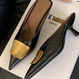 Fashionable Women's Metal Buckle Pointed Toe Thin Black kitten Heel mule Sandals